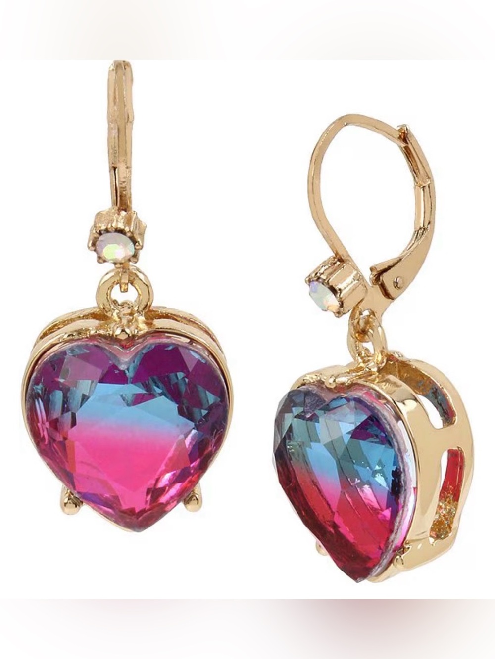 NWT Betsey Johnson Ombre Stone Heart Drop Earrings Fuchsia Blue Gold